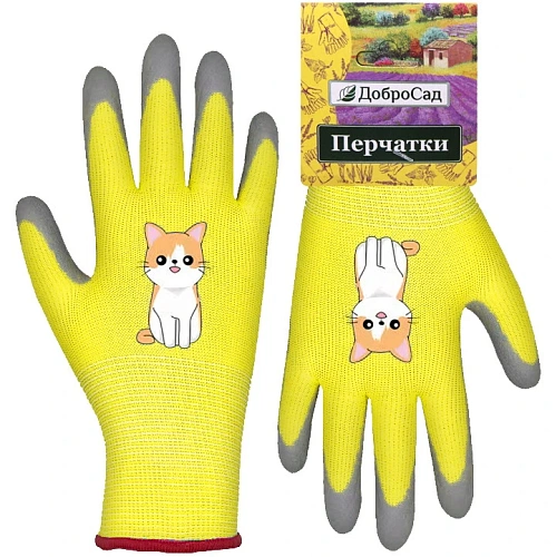 Перчатки нейлоновые детские "Little gardener-Котик" с полиуретановым покрытием полуоблитые, желтые M р-р ДоброСад