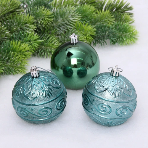 Новогодние шары 8 см (набор 3 шт) "Микс фактур", темный нефрит